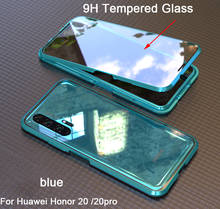 Магнитный адсорбционный чехол на 360 градусов для Huawei Honor 20 Pro, закаленное стекло, задняя крышка для honor 20, металлические чехлы-бамперы 2024 - купить недорого