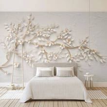 Papel tapiz con foto personalizada, Mural de pared con ramas de árbol dorado moderno, flores blancas, 3D en relieve, para dormitorio, sala de estar y TV 2024 - compra barato