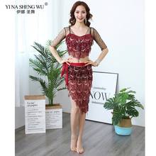 Conjunto para dança do ventre, conjunto feminino de lantejoulas para prática do ventre, malha transparente com meia manga e lenço de quadril, saia 2024 - compre barato