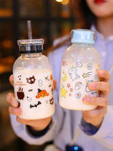 Botella de agua de vidrio con pajita para beber, recipiente de vidrio transparente, redondo, con dibujos animados, fruta, leche, té, 450ML 2024 - compra barato