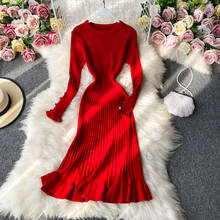 Teeuiear Slim ruffles Autumn Knitted midi Sweater Dress Party Winter mermaid Dresses Women Casual knee length office dress 2024 - buy cheap