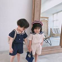 Japanese style Summer boys girls fashion kindergarten clothes sets kids cotton linen soft sailor collar T shirt and shorts 2pcs 2024 - buy cheap