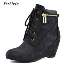 ESRFIYFE 2020 Winter Wedges Boots Fashion Flock Women's Platform Wedges Ankle Boots Lace Up High Heels Wedges Shoes for Women 2024 - buy cheap