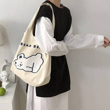 Women Cute Bear Shoulder Bag Simple Canvas Handbag Tote New Embroidery Design Books Bags Cloth Fabric Shopping Bag For Ladies 2024 - купить недорого