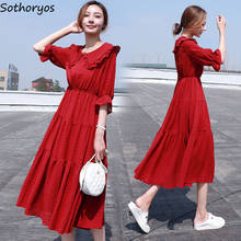 Short Flare Sleeve Dress Women Slender Chiffon Solid Peter Pan Collar Elegant Mid Calf Fashion Ins Korean A-line Womens Vestido 2024 - buy cheap