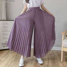 Fashion Streetwear Pleated Culotte Mujer Pants Blue Black Purple Chiffon Trousers Stretch High Waist Loose Wide Leg Pants Women 2024 - buy cheap