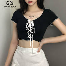 Gothblack Sexy Slim Streetwear Bow Lace Up Crop Top Gothic Women Hollow Out Splice Bodycon Tshirts Female Summer Casual Tops 2024 - buy cheap