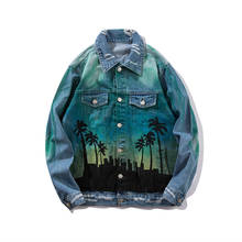 Spring And Autumn New Men Clothing Denim Jacket Coconut Tree Graffiti Print Dyeing Wear Abrade Casual Loose Outerwear 2024 - buy cheap