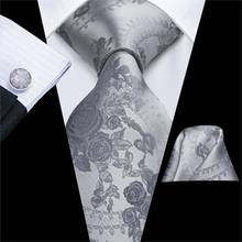 Hi-Tie Grey Floral Mens Tie 8.5cm Black Plaid Silk Wedding Tie For Men Design Hanky Cufflink Quality Men Tie Set Dropshipping 2024 - buy cheap