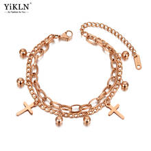 YiKLN Titanium Stainless Steel Bohemia Beach Double Layer Bracelets For Women Girl Trendy Cross & Ball Charm Bracelet YB20136 2024 - buy cheap