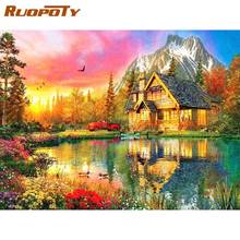 RUOPOTY Framed Painting By Numbers Kits For Adults River House On Snow Mountain Diy Oil Paints Bedoom Home Decor Artcrafts 2024 - buy cheap