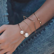 Conjunto de 4 unids/set de pulseras de cadena de eslabones bohemios geométricos de perlas de imitación de Color dorado para mujer, joyería Vintage 2024 - compra barato