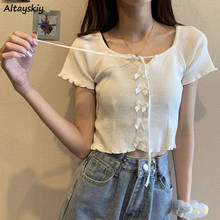 Short Sleeve T-shirts Womens Solid Simple Cropped Tops Summer Casual Bow Kawaii O-neck Female Korean Style Chic Slim Ulzzang New 2024 - buy cheap