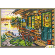 Free Delivery Top Quality Lovely Counted Cross Stitch Kit Cabin View Lake House Home Bike Bicycle Welcome dim 70-65161 65161 2024 - buy cheap