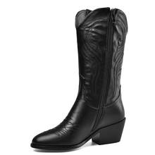 Botas vaqueras occidentales de piel auténtica para mujer, botines cortos de tacón cuadrado medio, zapatos negros para Otoño e Invierno 2024 - compra barato