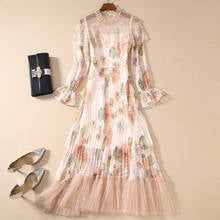 Newest HIGH QUALITY Fashion 2021 Runway Dress Women's Long Sleeve Floral Print Gauze Patchwork Pleated Dress 2024 - buy cheap