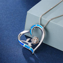 Romantic Female Big Rose Flower Heart Pendants Necklaces Silver Color Wedding Necklaces For Women Blue White Fire Opal Necklace 2024 - buy cheap