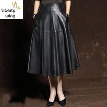 Elegant Ladies Vintage Ball Gown Mid Calf Long Sheepskin Genuine Leather Skirts 2020 New Women High Waist Pleated Skirt 2024 - buy cheap