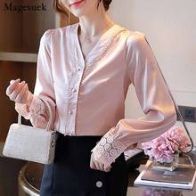 V-neck Elegant Fashion Women Shirts Sweet Long Sleeve Blouse 2020 New AutumnSimple Temperament Pink Shirt  Women Tops 11403 2024 - buy cheap