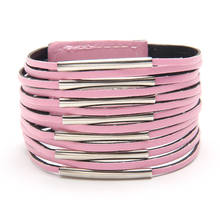 Pulsera de cuero genuino para hombres y mujeres, brazalete de estilo bohemio Vintage, rosa, multicapa 2024 - compra barato