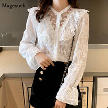 Spring Flare Sleeve Women Blouse New Elegant Ruffled Mesh Stitching Slim Shirt Flower Embroidery Stand Collar Lace Tops 13969 2024 - buy cheap