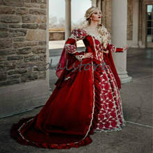 Vestido de noiva vermelho e gótico, fantasia, dia das bruxas, medieval, jardim, uma linha, com renda, mangas compridas, de noiva 2024 - compre barato