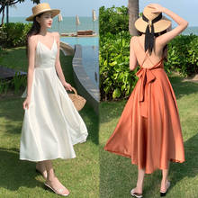 Длинное белое женское платье-комбинация, лето 2021, элегантное платье для отпуска, вечеринки, платья, корейский пляжный сарафан с открытой спиной, бохо на бретелях 2024 - купить недорого