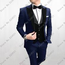 New Groomsmen Peak Velvet Lapel Groom Tuxedos Light Navy Blue+Black Men Suits Wedding Best Man (Jacket+Pants+Bow Tie+Vest) C631 2024 - buy cheap