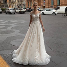 Thinyfull 2020 Elegant Wedding Dresses A Line Sheer Scoop Neck Cap Sleeve Bride Dresses Button Lace Appliques Vestidos de novia 2024 - buy cheap