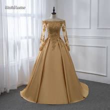 Vestido de noiva luxuoso, de cetim dourado, linha, 2021, com apliques de renda, tule de manga comprida, plissado, personalizado 2024 - compre barato