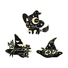 Black magic cat brooch, halloween wizard hat pin, punk flower hat decoration badge wholesale, gift for friends 2024 - buy cheap