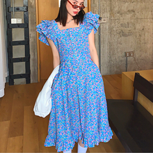 Vestido de gasa floral vintage para mujer, vestido de talla grande 4XL, cuello cuadrado, manga de mariposa, estampado 2024 - compra barato