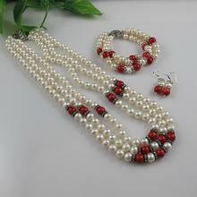 Terisa Pearl Jewelry Set Red Coral Rhinestone Freshwater Pearl Necklace Bracelet Earrings Handmade Fashion Jewelry Women Gift 2024 - buy cheap