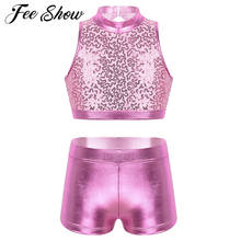 Kids Girls Shiny Sequins Sport Dance Outfit 2 Piece Keyhole Back Crop Tops and Booty Shorts for Ballet Gymnastic Training 2024 - buy cheap