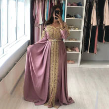 Lilac Moroccan Kaftan Caftan Muslim Evening Dresses A-line Long Sleeves Chiffon Appliques Dubai Arabic Turkey Abaya Islamic Gown 2024 - buy cheap