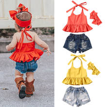 Novíssima conjunto de 3 peças de roupas infantis adoráveis para crianças pequenas conjuntos para meninas laranja sem mangas com babados vestido + shorts jeans tiara 2024 - compre barato