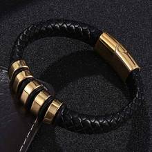 Punk Jewelry Black Leather Braided Bracelets Men Gold Color Stainless Steel Magnet Clasp Male Wristband Exquisite Bangles SP0776 2024 - buy cheap