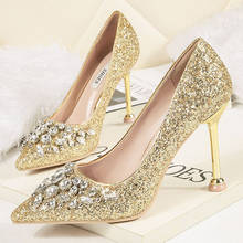Women Fetish 9cm High Heels Sequins Wedding Bridal Stiletto Crystal Diamond Heels Pumps Lady Scarpins Fetish Glitter Gold Shoes 2024 - buy cheap
