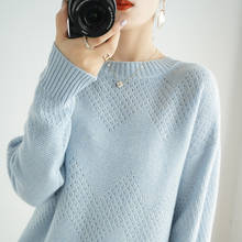 Suéter redondo de caxemira 20 outono e inverno, pulôver feminino folgado, confortável, de cor pura de malha 100% lã 2024 - compre barato
