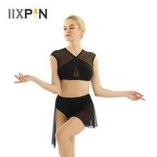 Traje de baile lírico asimétrico para mujer, vestido de leotardo de ballet, danza contemporánea, Tops cortos entrecruzados sin mangas con falda corta 2024 - compra barato