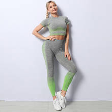 Conjunto esportivo feminino sem costura, roupas esportivas de ginástica e ioga com manga curta e calça legging 2024 - compre barato