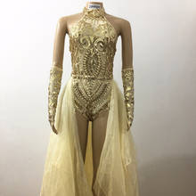 Gold Glisten Sequins Bodysuit Bar Female Singer Performance Outfit Party Celebrate Stage Long Tail Wear Two Pieces Costume 2024 - buy cheap