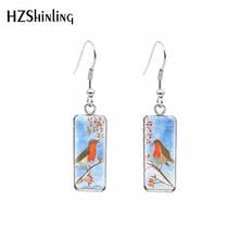 Robin Paintings Rectangular Hook Earrings Glass Cabochon Dangle Drop Stainless Steel  Ear Jewelry 2024 - buy cheap