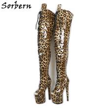 Sorbern-Botas de leopardo hasta el muslo para mujer, zapatos de baile en Barra para bailarina exótica, botas de tacón alto de 8 pulgadas, con dedos abiertos personalizados 2024 - compra barato
