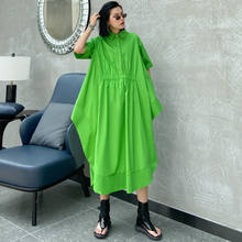 Women Green Big Size Ruffles Pleated Casual Dress New Lapel Short Sleeve Loose Fit Fashion Tide Spring Summer 2021 2024 - buy cheap