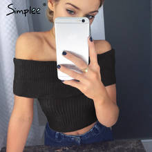 Simplee Vintage elastic camisole tank top Off shoulder knitted crop top women tops Sexy short knitting cropped cami sweater 2018 2024 - buy cheap