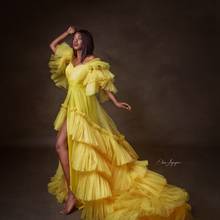 Charming Yellow Maternity Gowns Short Sleeves   Sweetheart Front Open Ruffles Tered With Train Long   Sexy Pregnancy Dresses 2024 - buy cheap