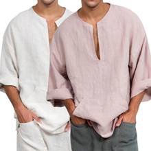 Camiseta casual masculina de manga comprida, blusa casual de algodão com gola v em cor sólida para praia, fitness 2024 - compre barato