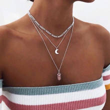 HebeDeer-collar de Luna Simple para mujer, Gargantilla larga de cristal de Color plateado, joyería de moda para niña, cadena multicapa 2024 - compra barato