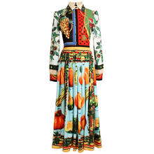 Qian Han Zi-vestido de primavera a la moda para mujer, elegante vestido midi plisado de manga larga con estampado vintage de frutas y verduras para fiesta 2024 - compra barato